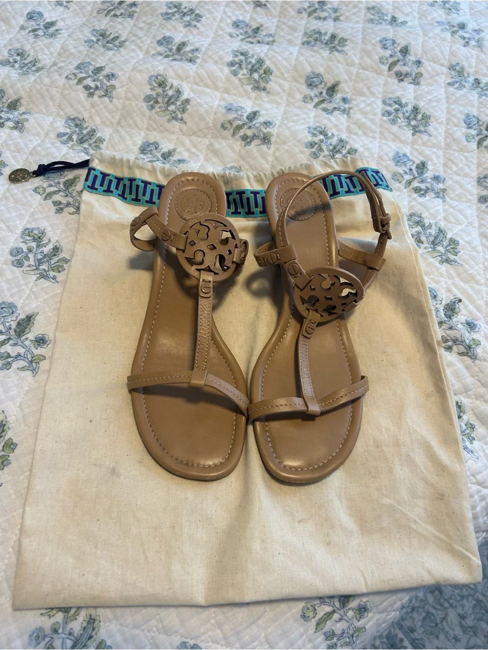 Tory Burch Tan Leather Logo T-Strap Sandals